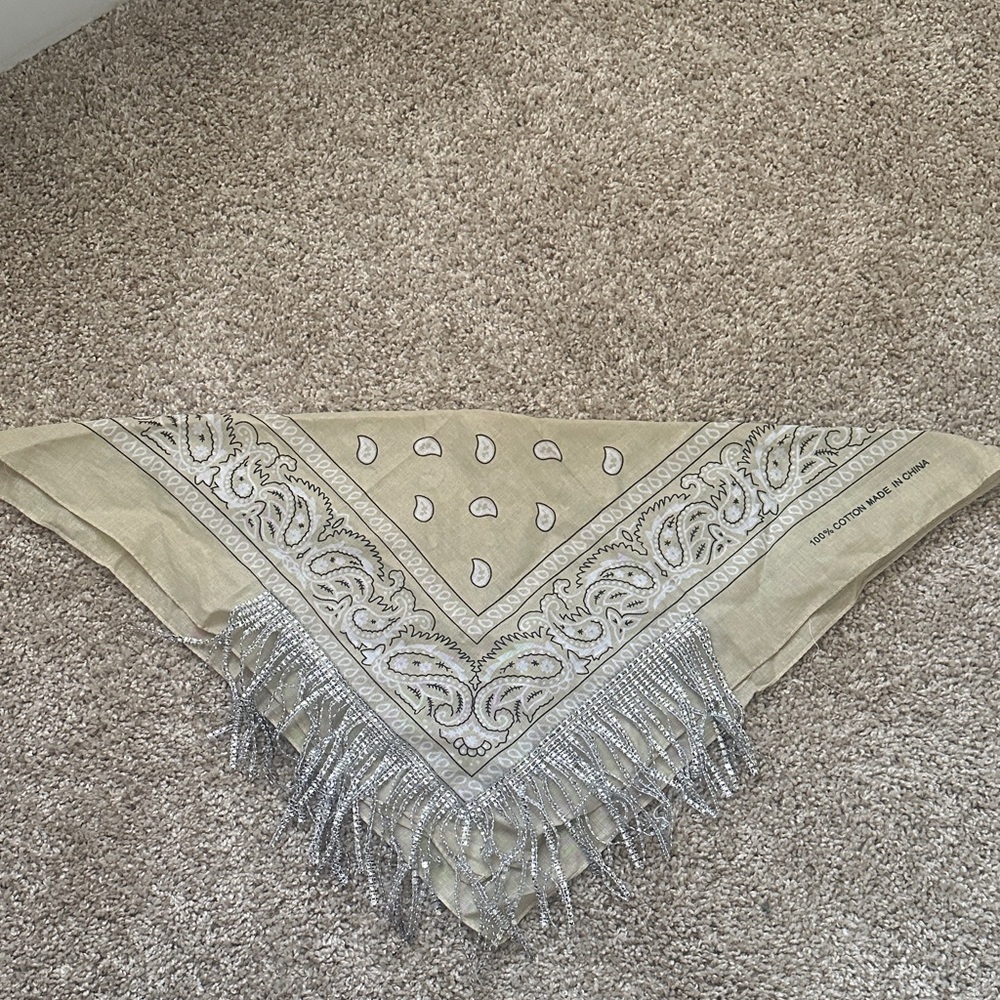Bohemian Taupe/Neutral and Cream Paisley Rhinestone Fringe Scarf/Bandana